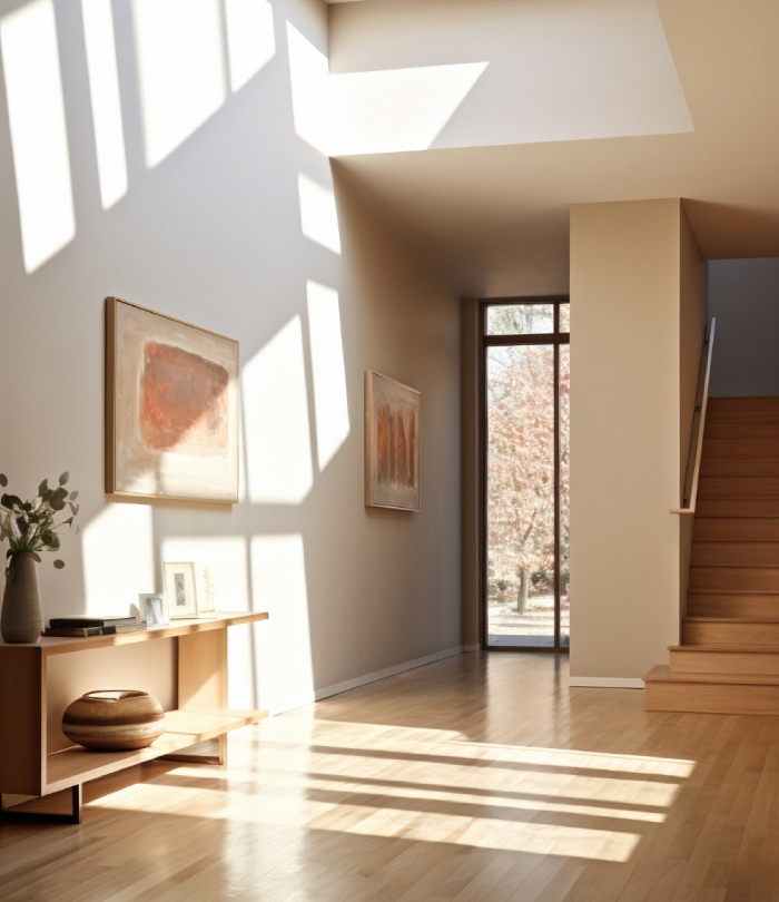 Intérieur de maison lumineux avec parquet, escalier en bois et grandes ouvertures.